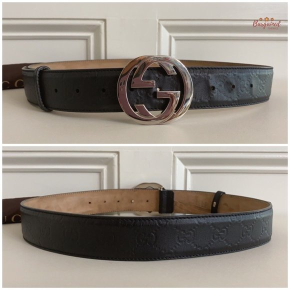 Authentic Gucci Black Guccissima Leather Silver Interlocking G Buckle Belt 95/38 - Picture 5 of 13